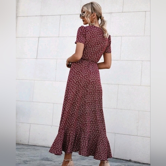 New Boho Floral Wrap Ruffle Maxi Dress Burgundy Red White - Picture 3 of 9